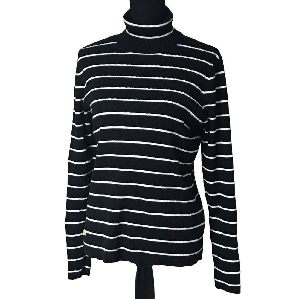 LRL Black and White Striped Turtleneck Top